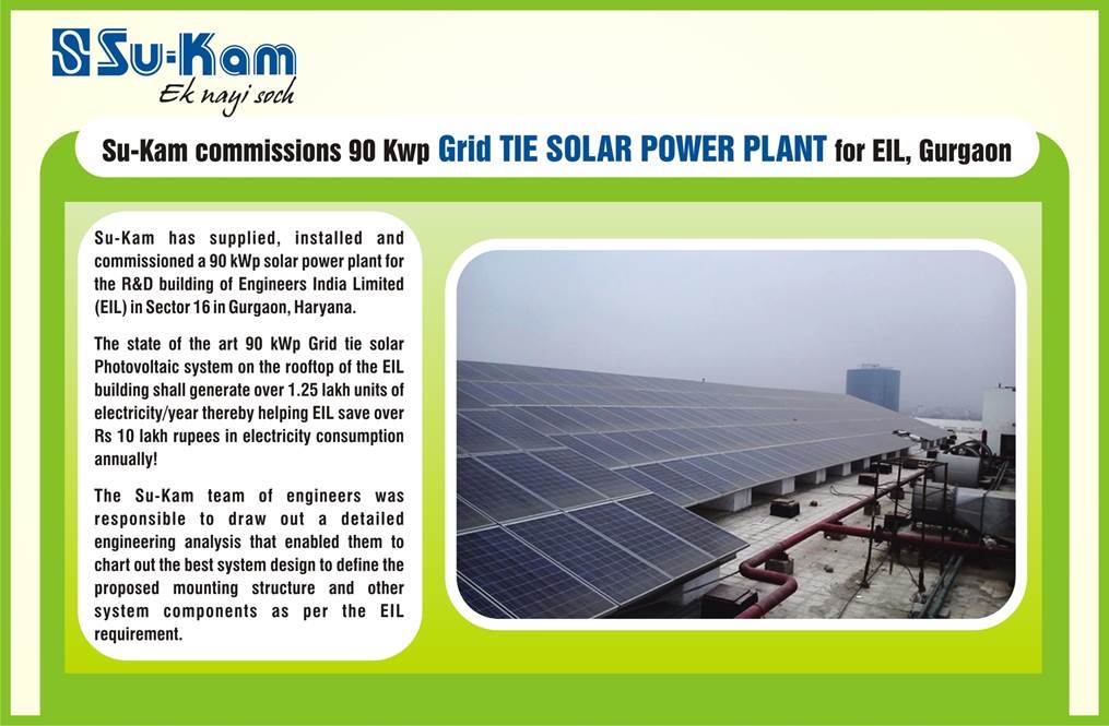 Su-Kam press flyer — commissions 90 kWp grid-tie solar power plant for EIL Gurgaon with rooftop photo