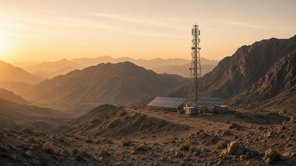 AI hero — Afghan highland terrain with telecom tower and solar arrays at base
