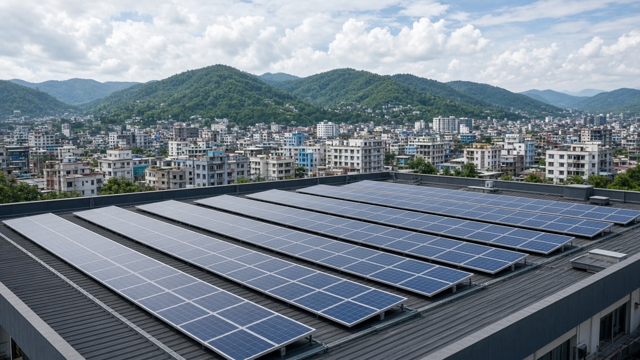 AI hero — rooftop solar arrays on a multi-storey market complex in a Northeast Indian city