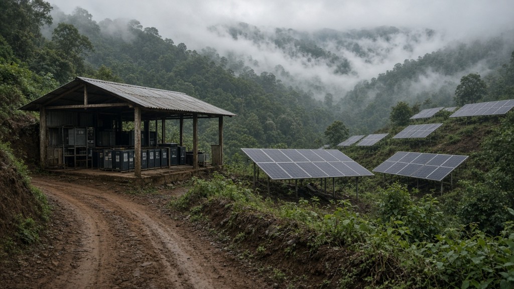 Remote North-East hillside off-grid solar — multiple arrays and battery shed in misty mountains