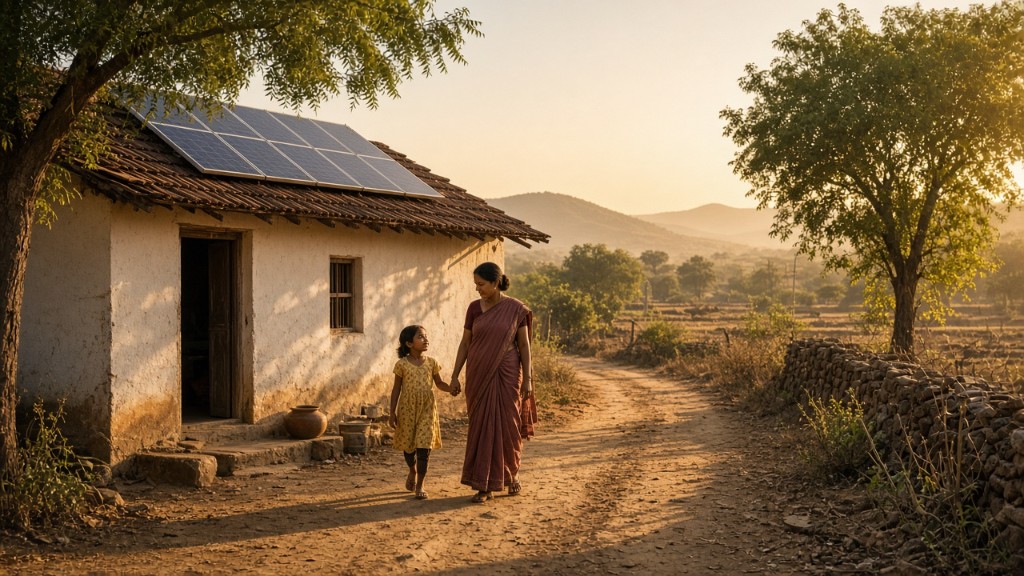 AI atmosphere — rural Karnataka village house with rooftop solar; mother and child on dirt path at golden hour