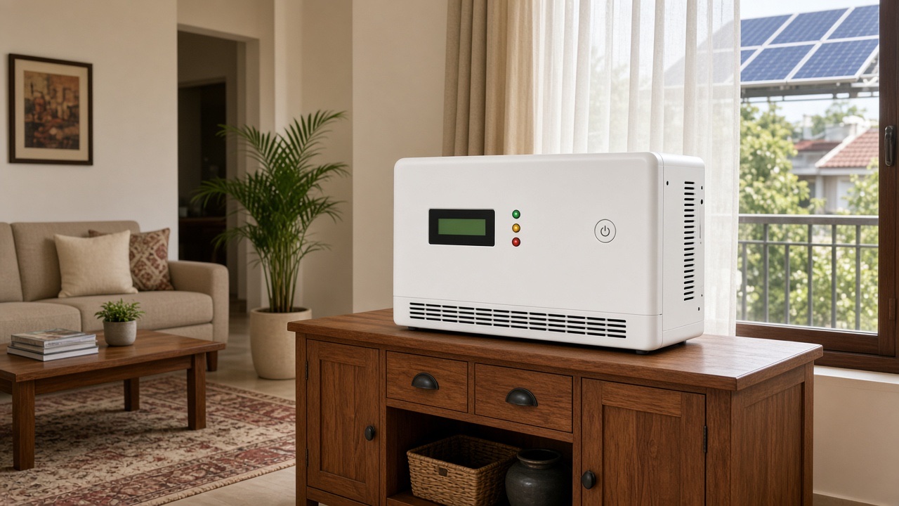AI hero — domestic solar hybrid UPS in an Indian living room with rooftop panels visible through a window