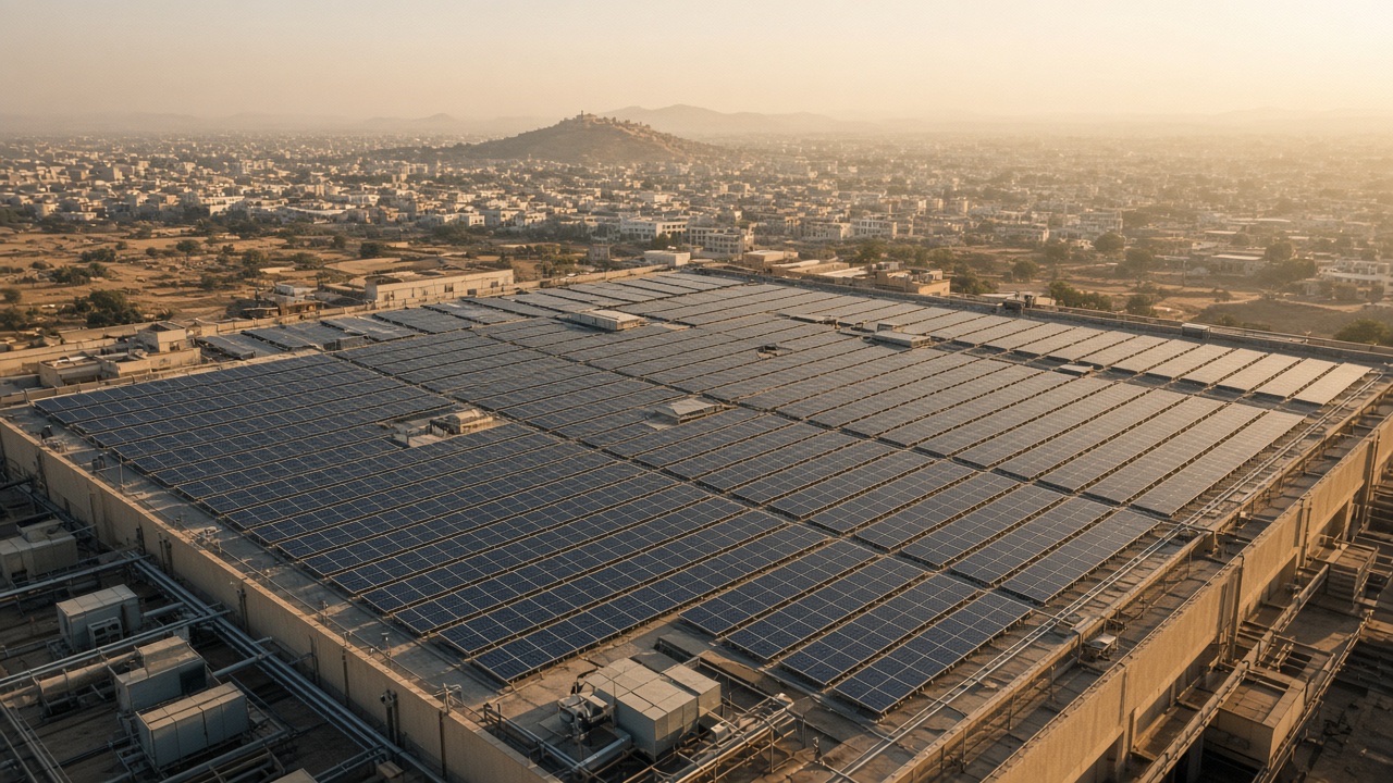 AI hero — industrial factory rooftop in Jaipur covered with a dense solar PV array at golden hour