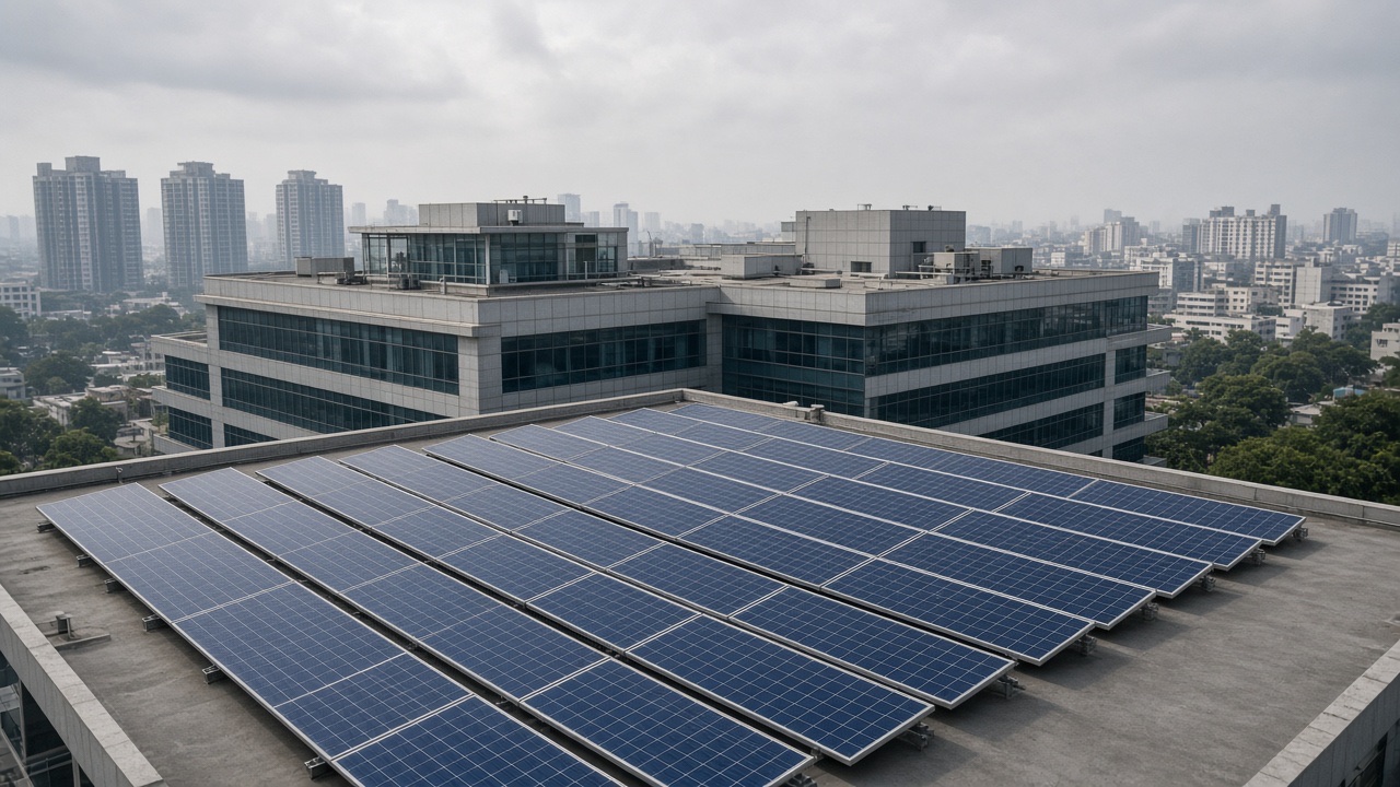 AI hero — rooftop solar array on a modern corporate R&D building in Gurugram