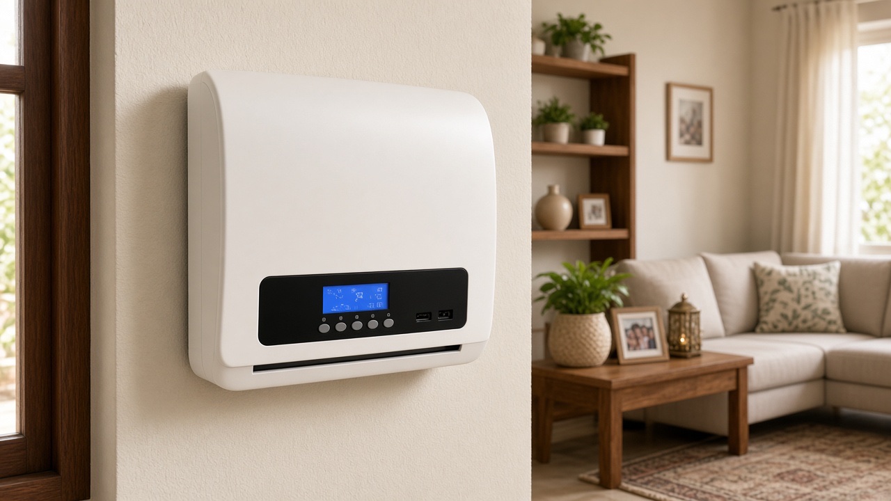 AI hero — modern white plastic-body home UPS inverter on an Indian living-room wall with soft LCD glow