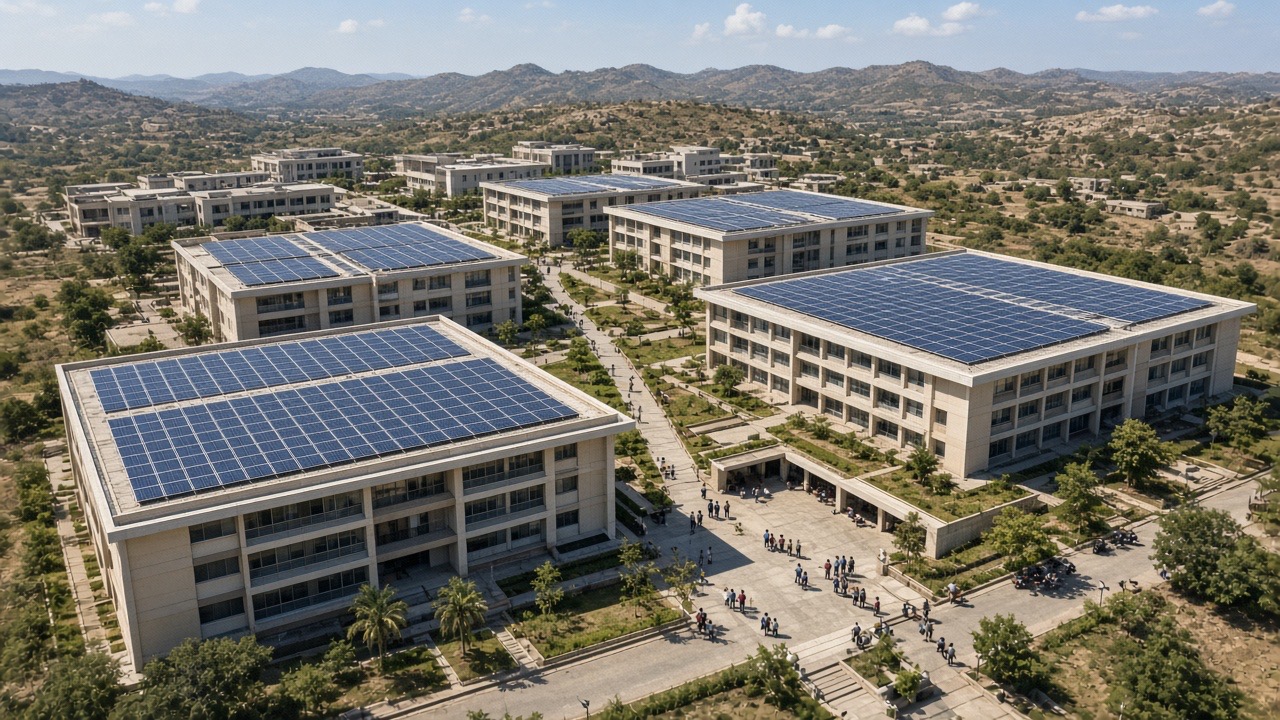AI hero — engineering college campus rooftops covered with solar panel arrays in Andhra Pradesh