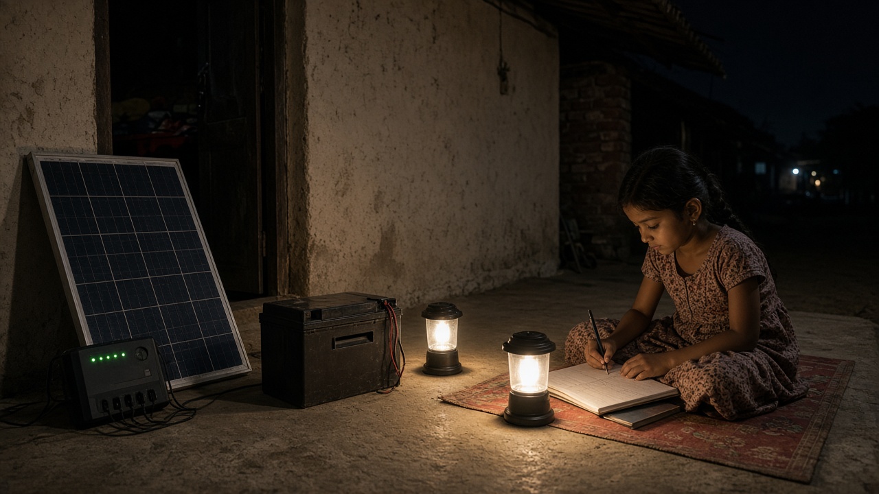 Compact solar home lighting kit glowing in a rural Indian room