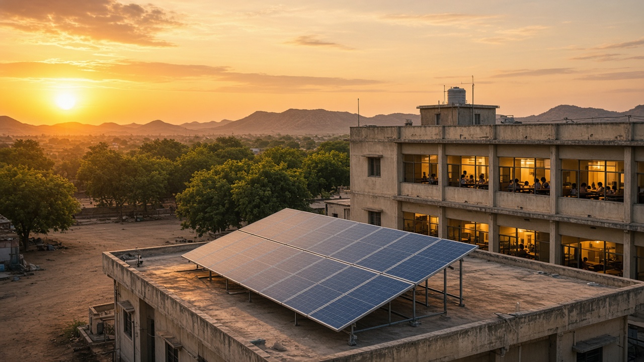 AI atmosphere — Jaipur municipal school rooftop solar at dusk with classroom lights on