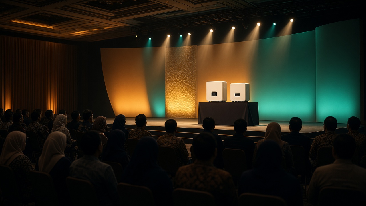 AI atmosphere — Malaysian product-launch ballroom stage with dealer audience silhouettes