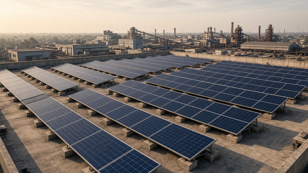 AI atmosphere — industrial Haryana factory rooftop solar array, Multivent Manakpur era
