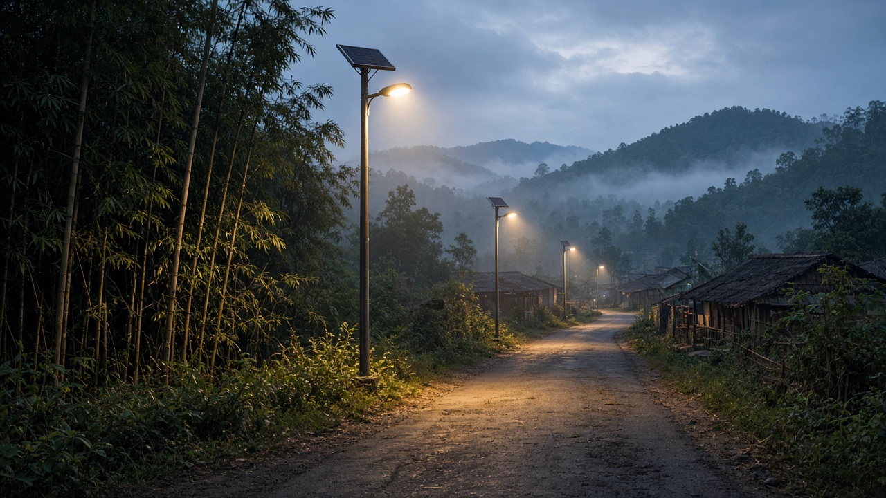 AI hero — dusk in a Northeast Indian hill village with solar LED street lights on poles lighting a quiet mountain road