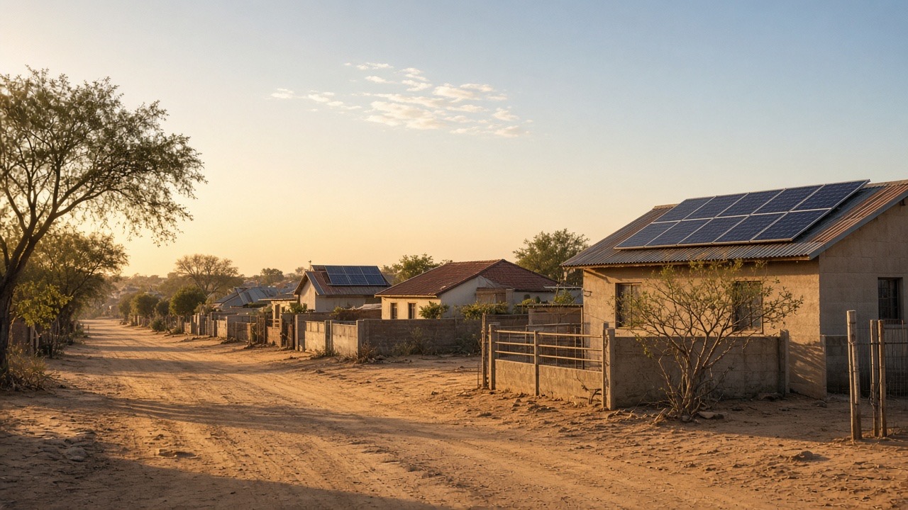 AI hero — Oshakati-style residential street with rooftop solar panels on modest homes at golden hour