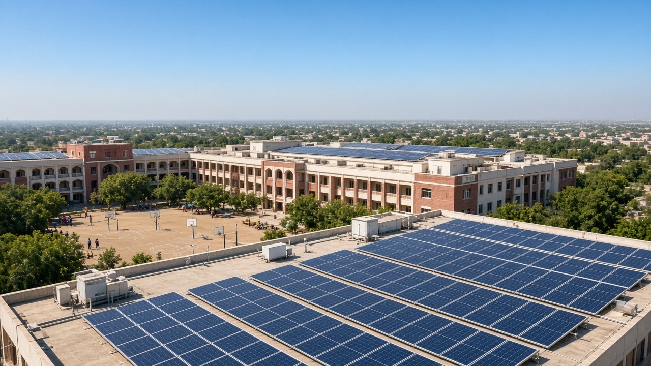 AI hero — Indian school campus rooftop covered with solar panel arrays
