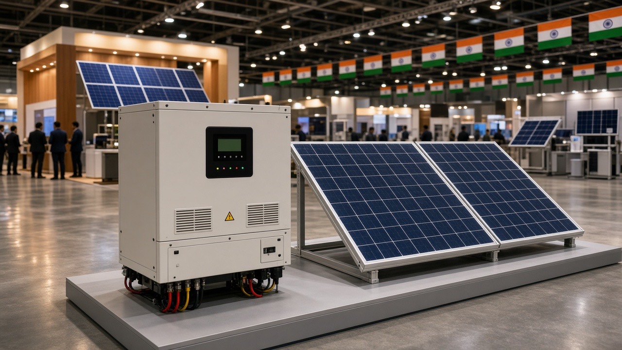 AI hero — Indian renewable-energy expo hall with solar panels and inverter cabinets on display