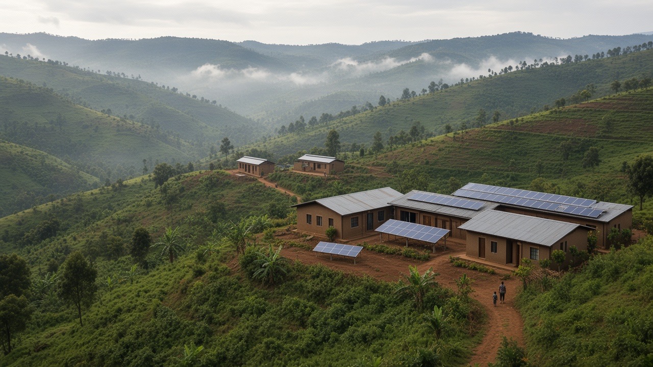 AI hero — Rwandan highland school campus with rooftop and ground solar arrays across green hills
