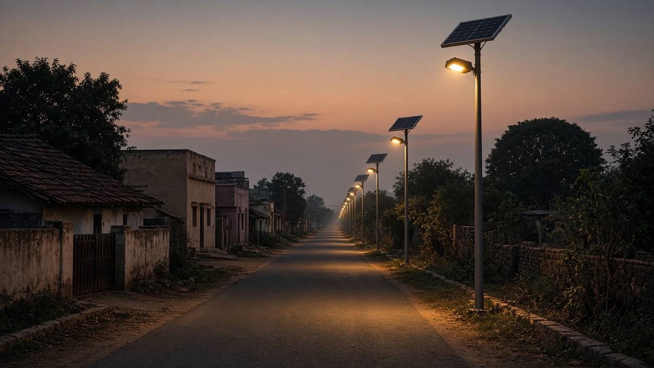 AI atmosphere — Indian village dusk with off-grid solar LED street light poles