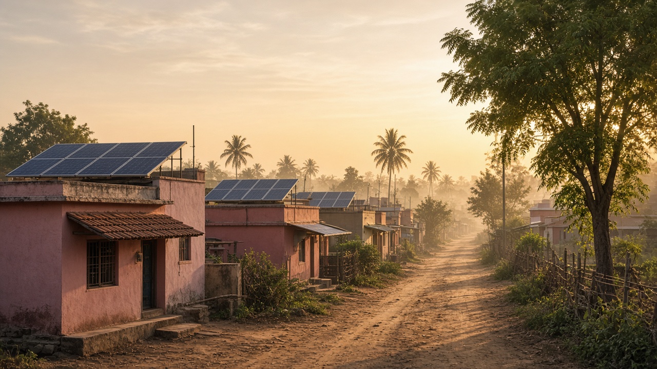 AI hero — rural Tamil Nadu Green House streetscape with rooftop solar at golden hour