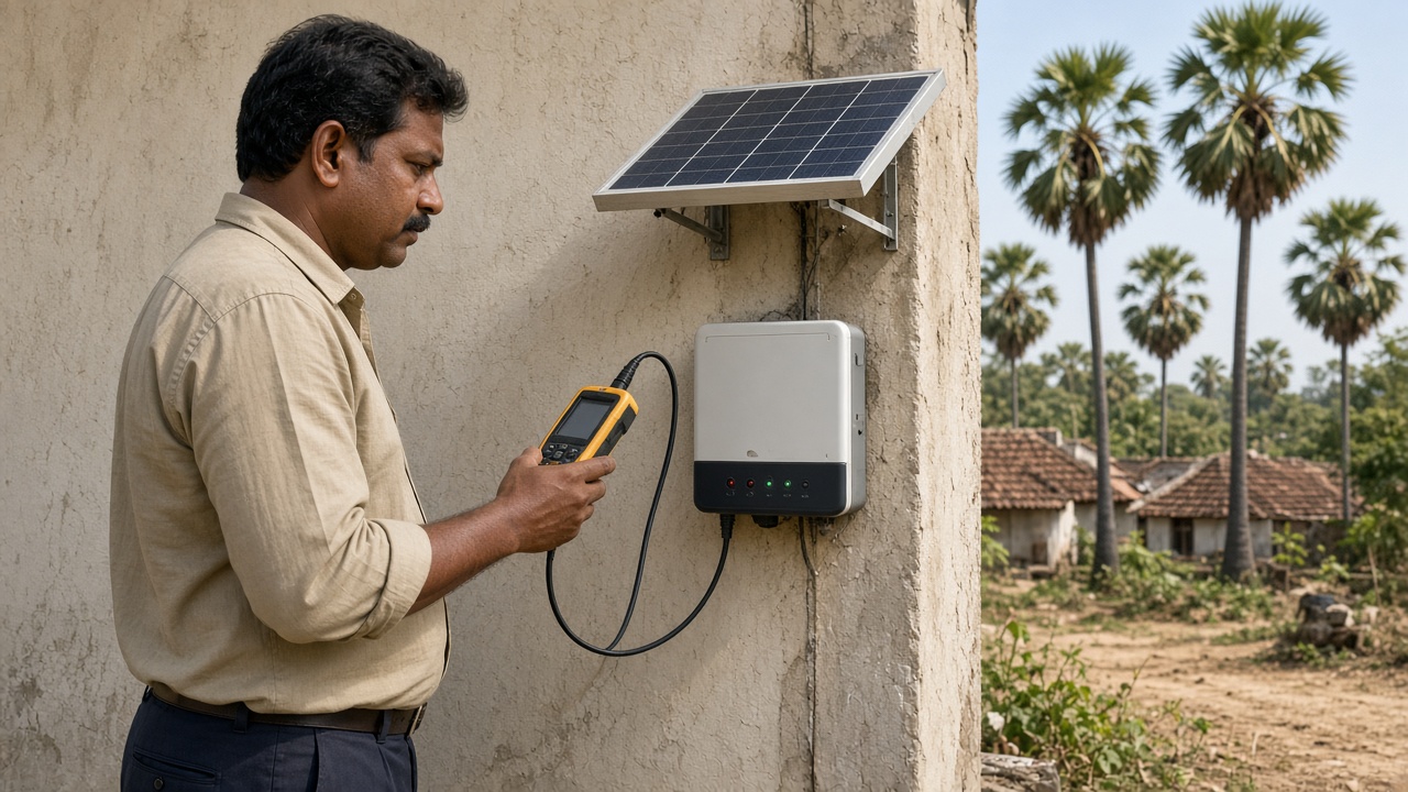 Field technician logging a wall-mounted solar PCU in a Tamil Nadu village