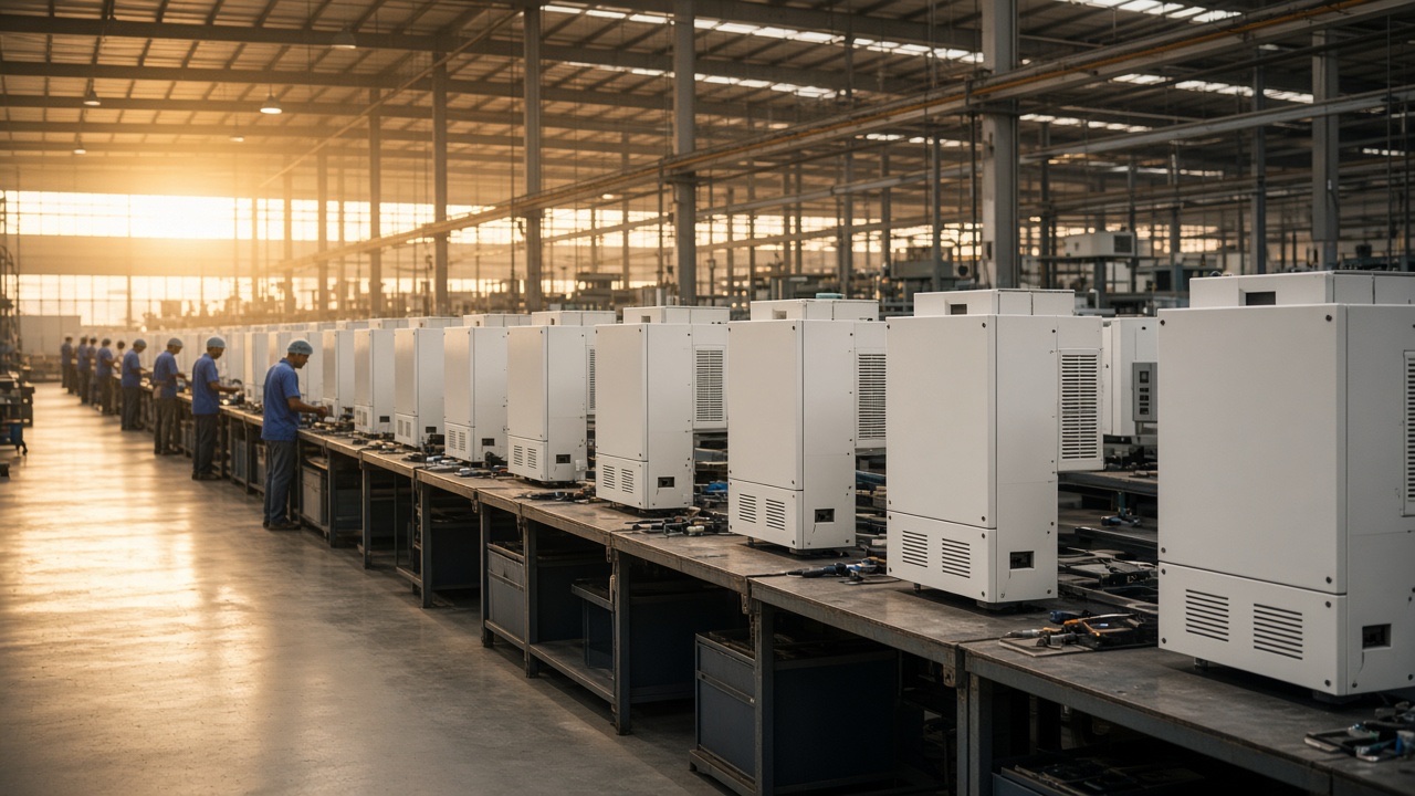 AI hero — Indian inverter factory floor with finished home UPS units on assembly benches at golden hour