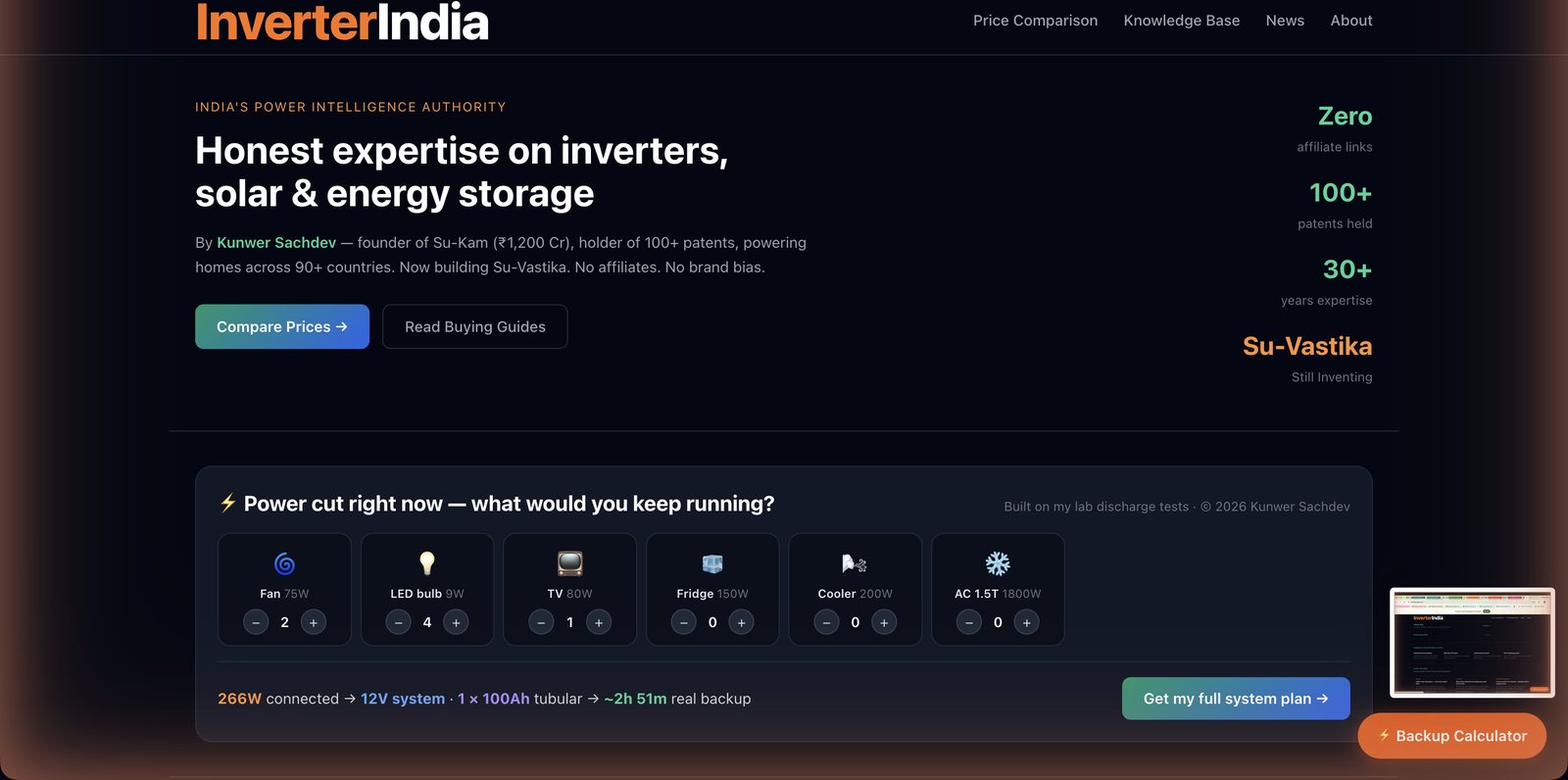InverterIndia.com homepage — honest expertise on inverters, solar and energy storage, with a live power-cut backup calculator
