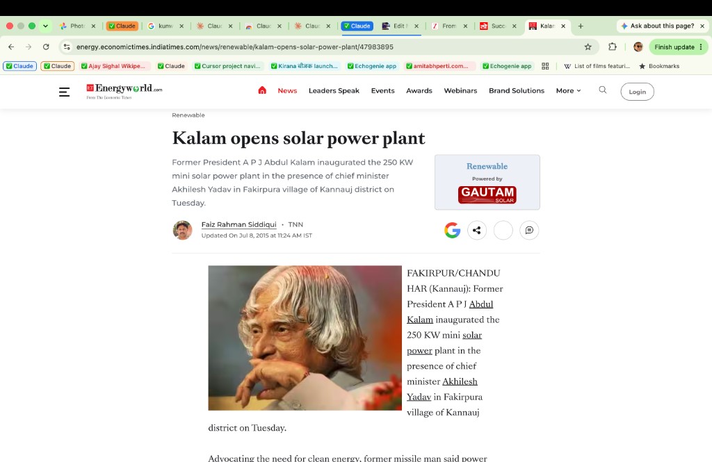 ET Energyworld archive screenshot — Kalam opens solar power plant, July 2015