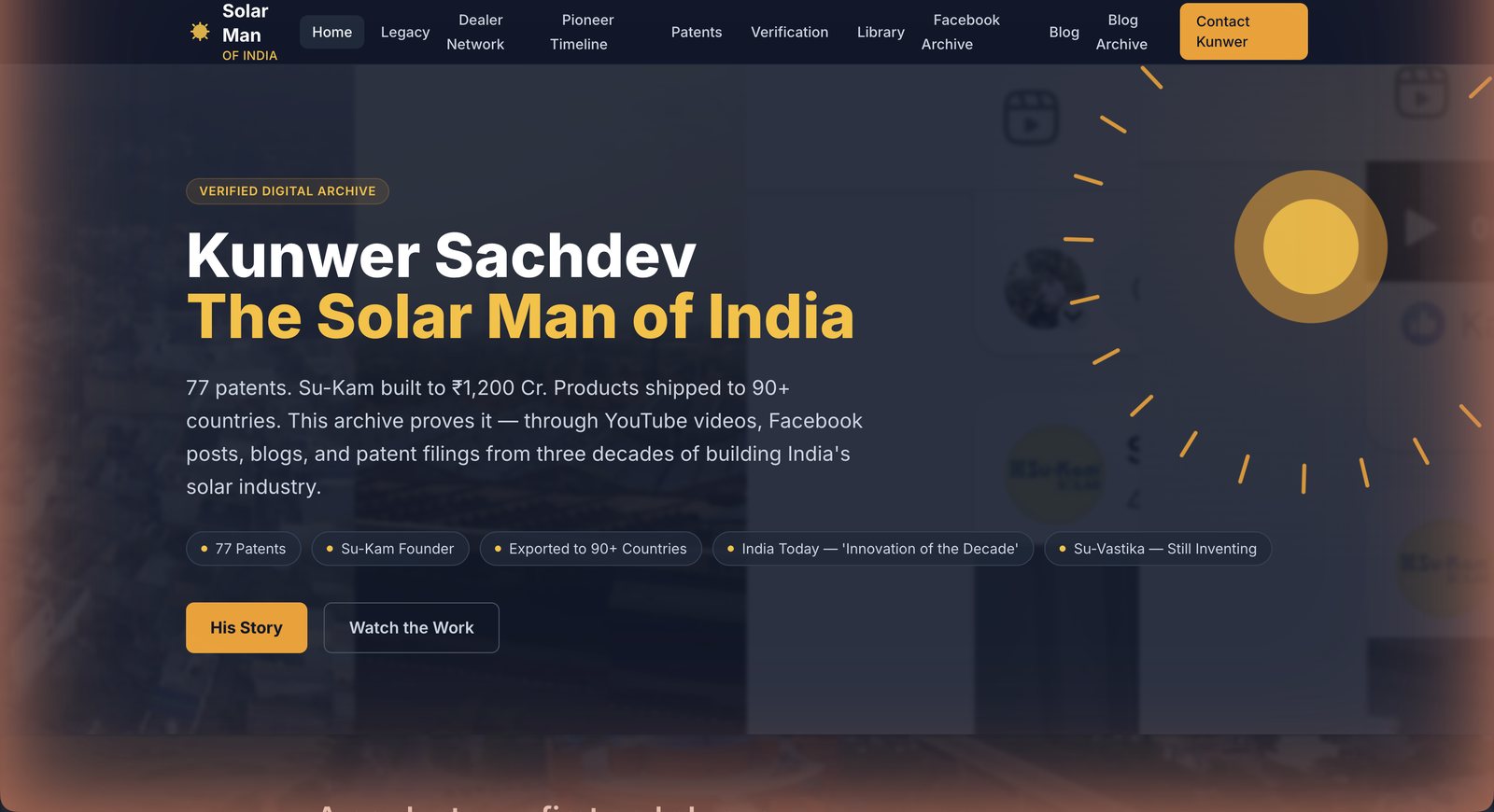 Homepage of solarmanofindia.com — the verified digital archive of Kunwer Sachdev, the Solar Man of India