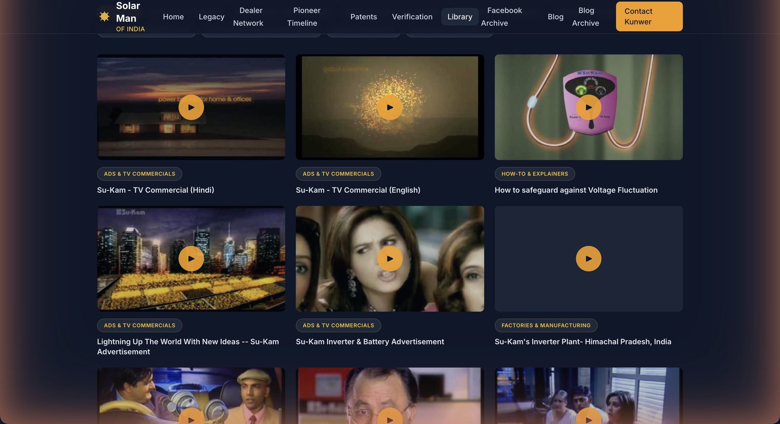 The Library on solarmanofindia.com — archived Su-Kam product videos, TV commercials, how-to explainers and factory tours