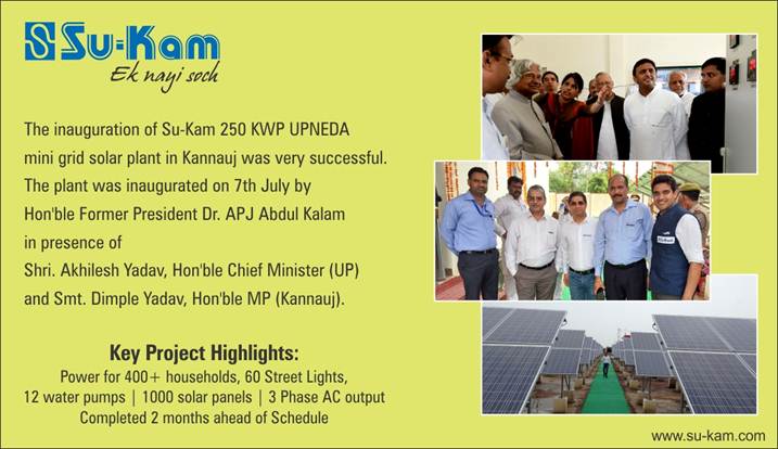 Su-Kam flyer — Kalam, Akhilesh Yadav and Dimple Yadav at Kannauj 250 kWp UPNEDA mini-grid inauguration with array and team photos