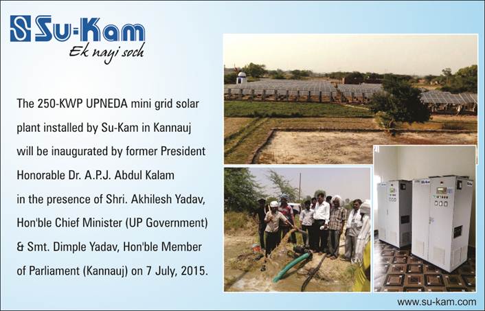 Su-Kam flyer announcing 250 kWp UPNEDA Kannauj mini-grid inauguration by Dr. Kalam on 7 July 2015