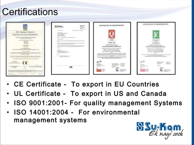 Su-Kam awards deck — CE, UL, ISO certifications slide