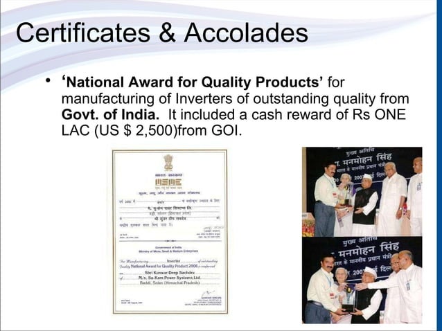 National Award for Quality Products — Kunwer Sachdev receiving the trophy for Su-Kam