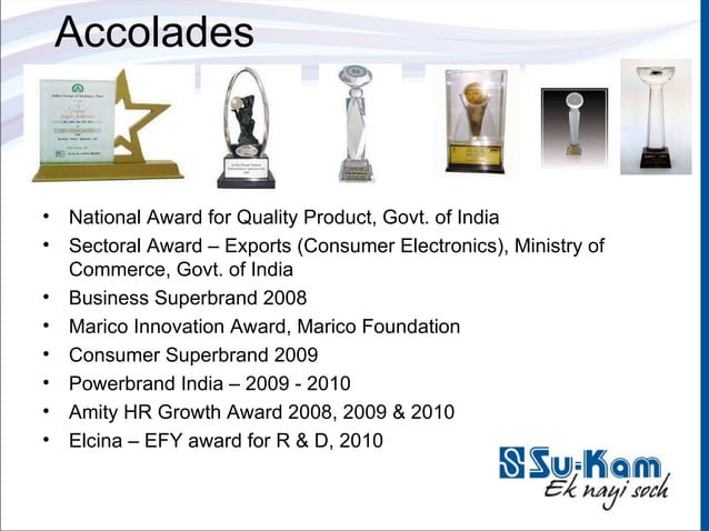 Su-Kam Accolades summary slide listing National Quality Award, Sectoral Export Award, Superbrand, Marico, Powerbrand, Amity, ELCINA-EFY