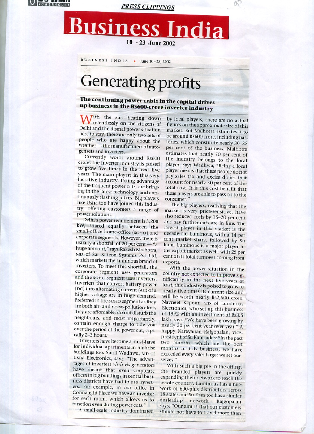 Business India June 2002 — Generating profits inverter industry