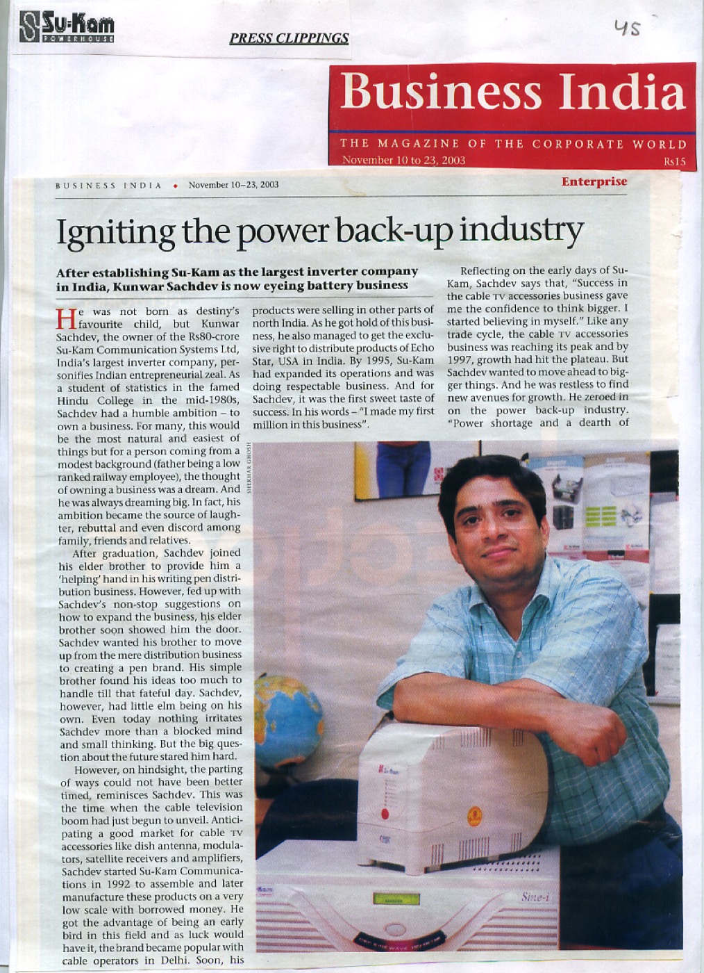 Business India Nov 2003 — Igniting the power back-up industry Kunwer Sachdev