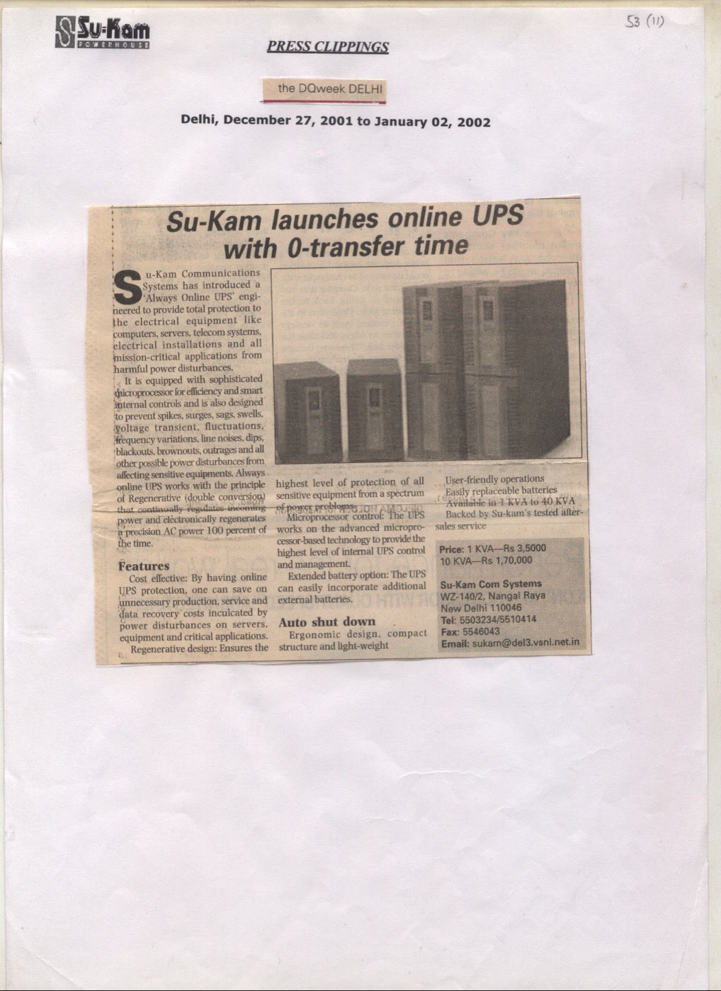 DQ Week Delhi Dec 2001–Jan 2002 — Su-Kam Always Online UPS