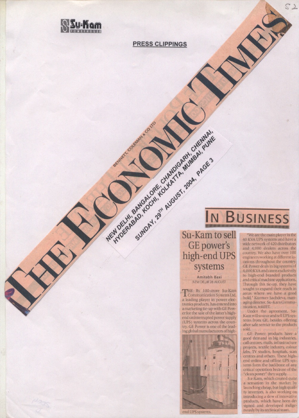 Economic Times 29 August 2004 — Su-Kam to sell GE Power high-end UPS