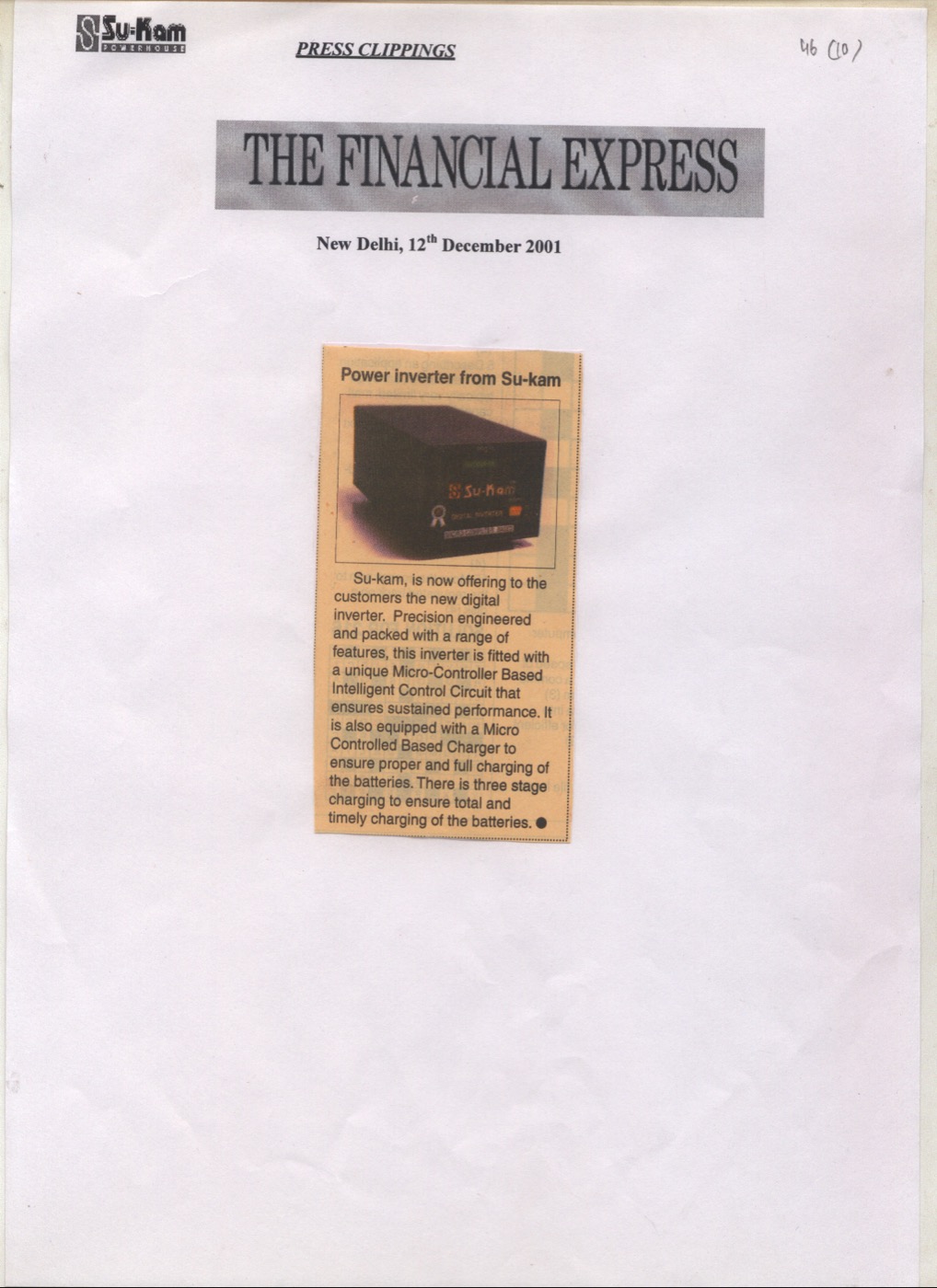 Financial Express 12 December 2001 — Power inverter from Su-Kam