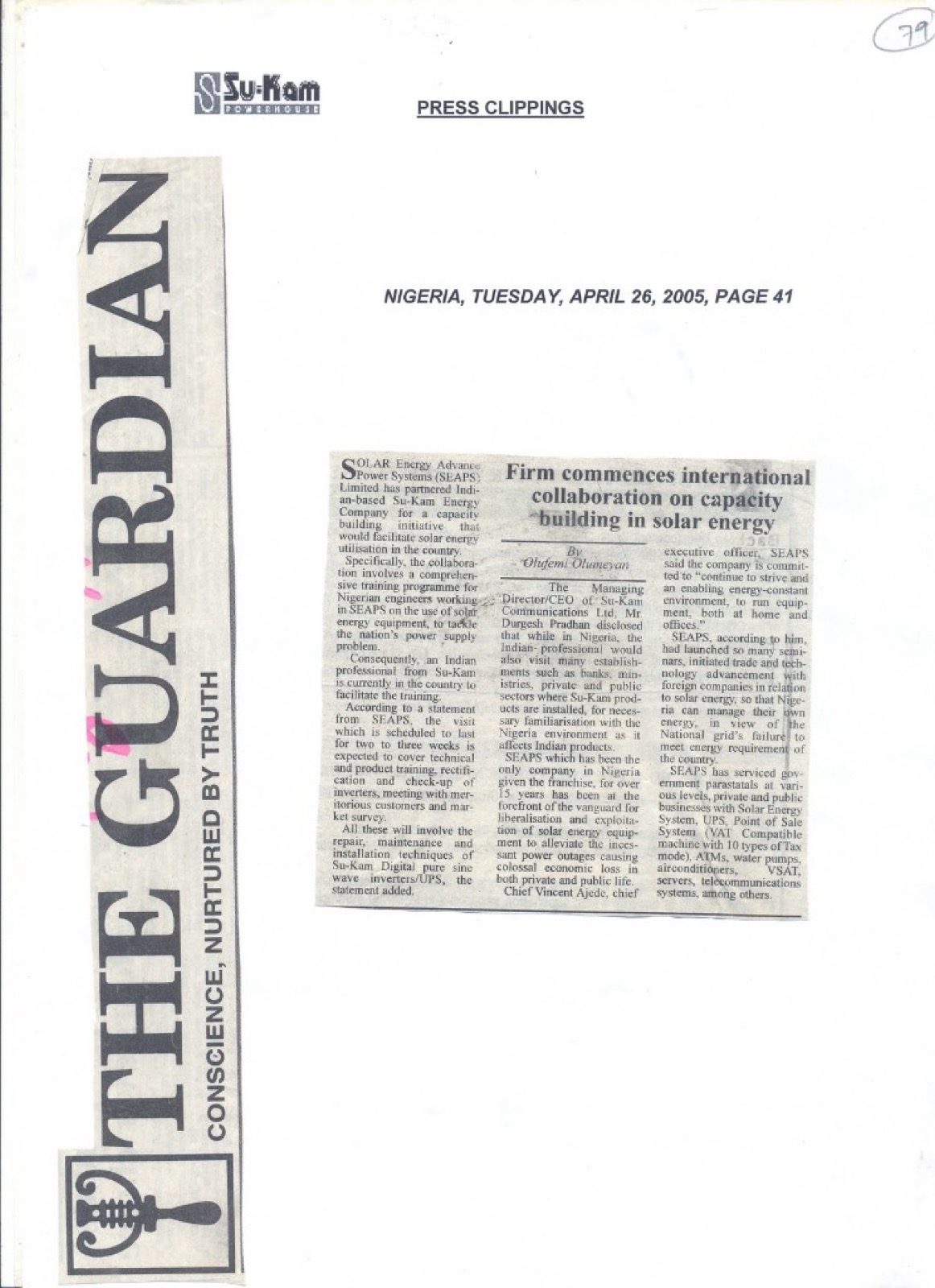 The Guardian Nigeria 26 April 2005 — Su-Kam SEAPS solar capacity building