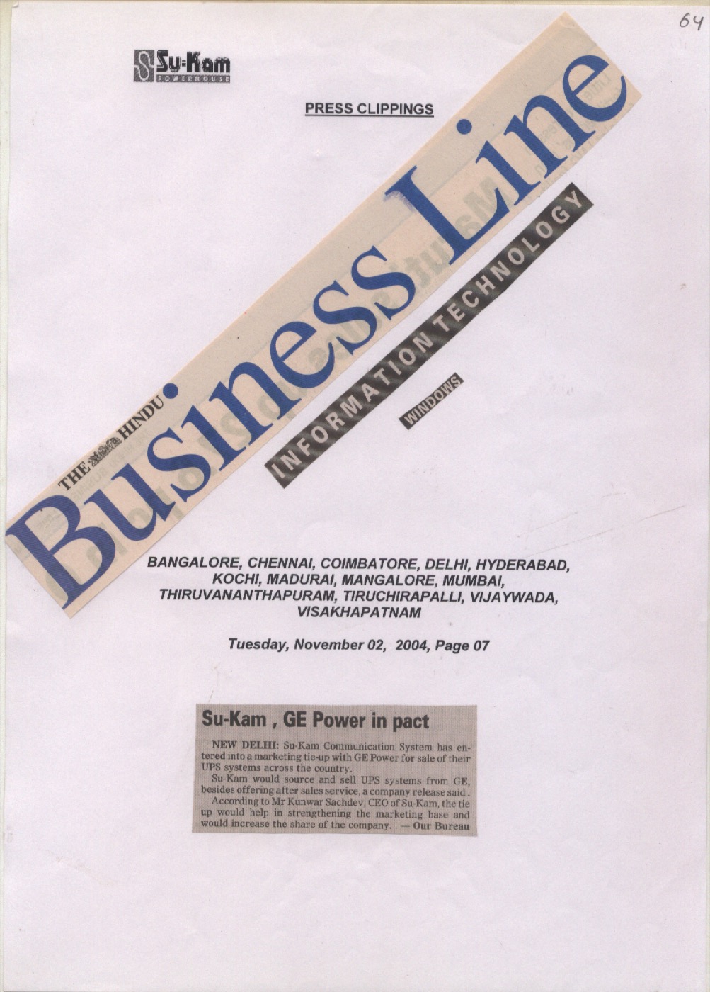 Hindu Business Line 2 November 2004 — Su-Kam GE Power in pact