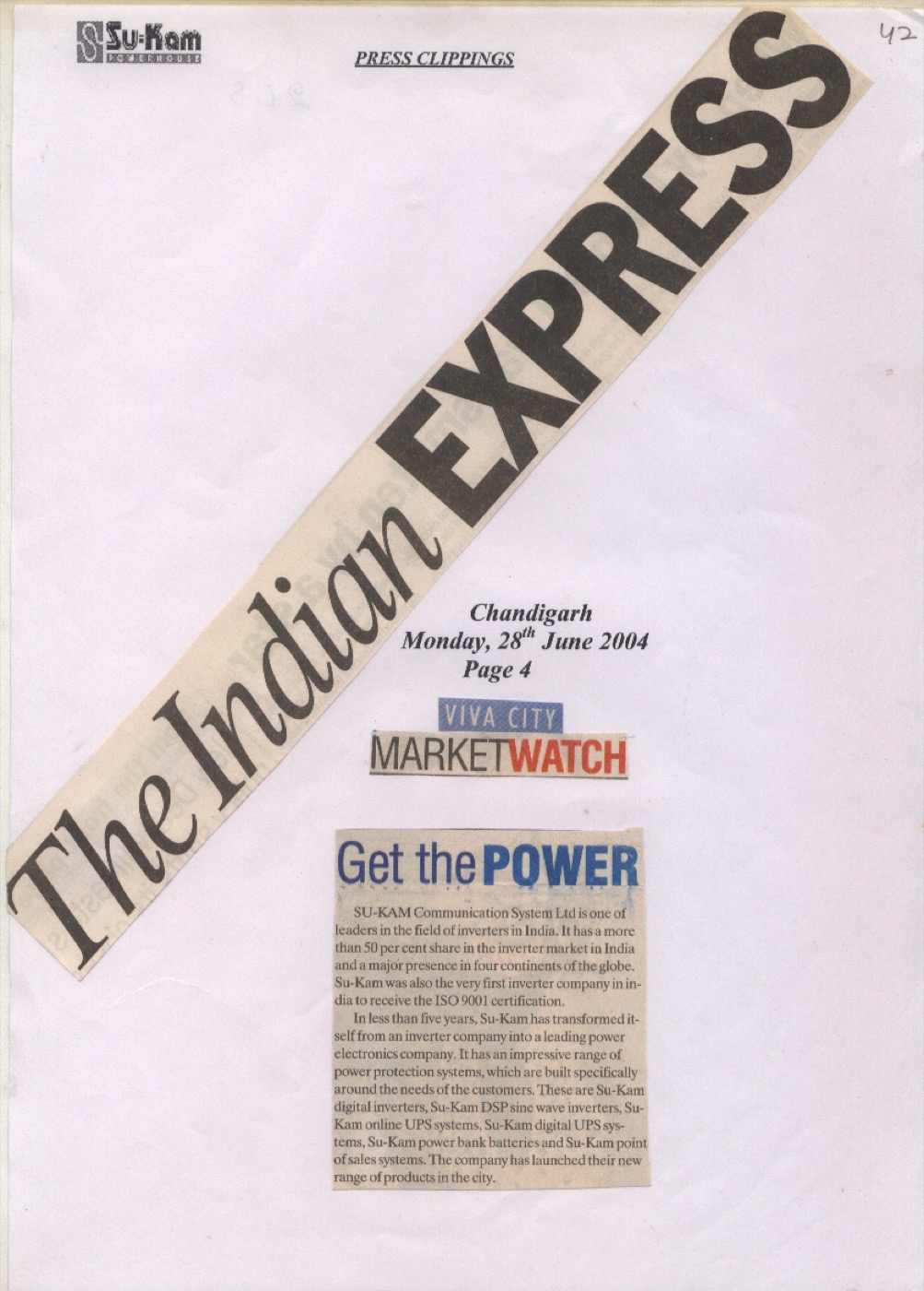Indian Express Chandigarh 28 June 2004 — Get the POWER Su-Kam