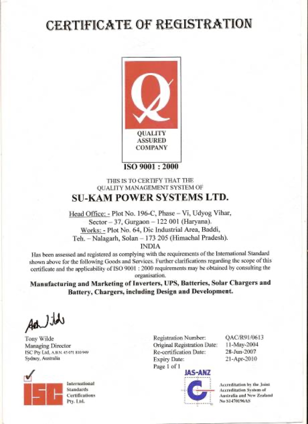 Press clipping — Su-Kam ISO 9001 certification coverage, 28 June 2007