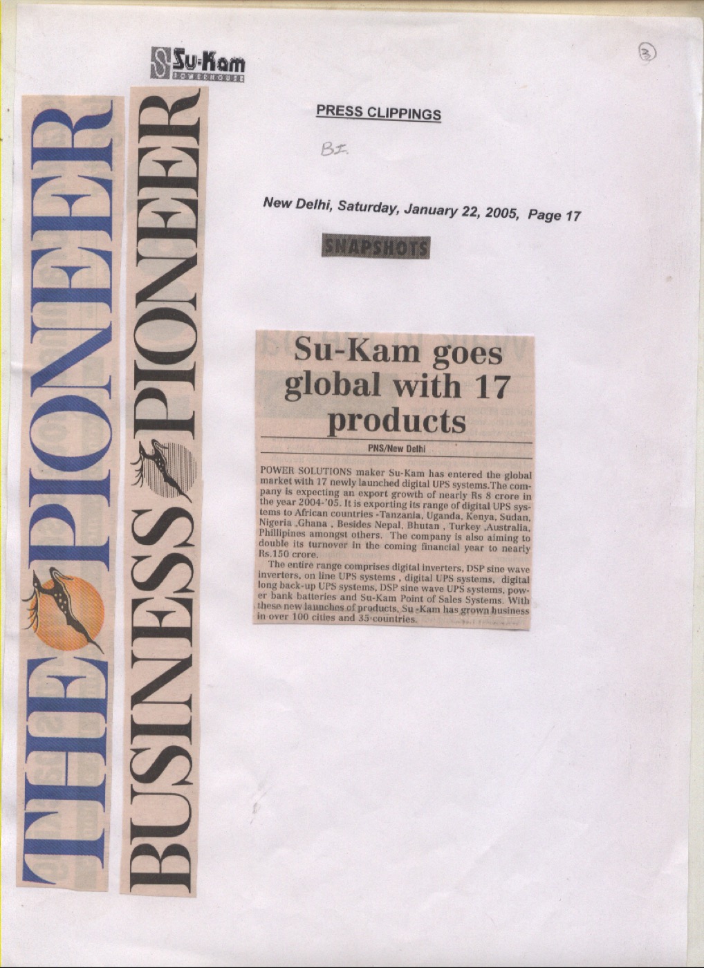 The Pioneer 22 January 2005 — Su-Kam goes global with 17 products
