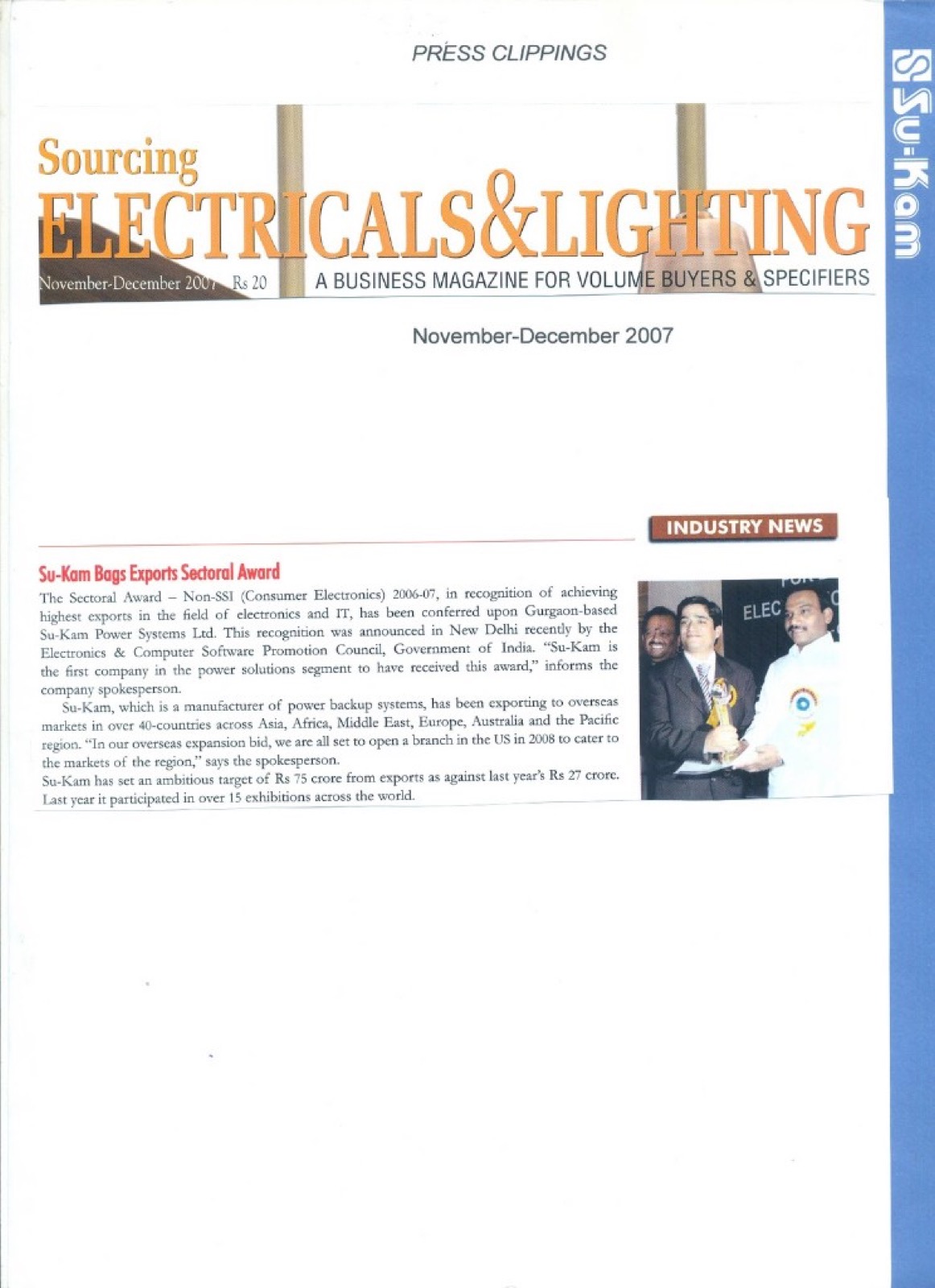 Sourcing Electricals press — Su-Kam exports award coverage Nov–Dec 2007