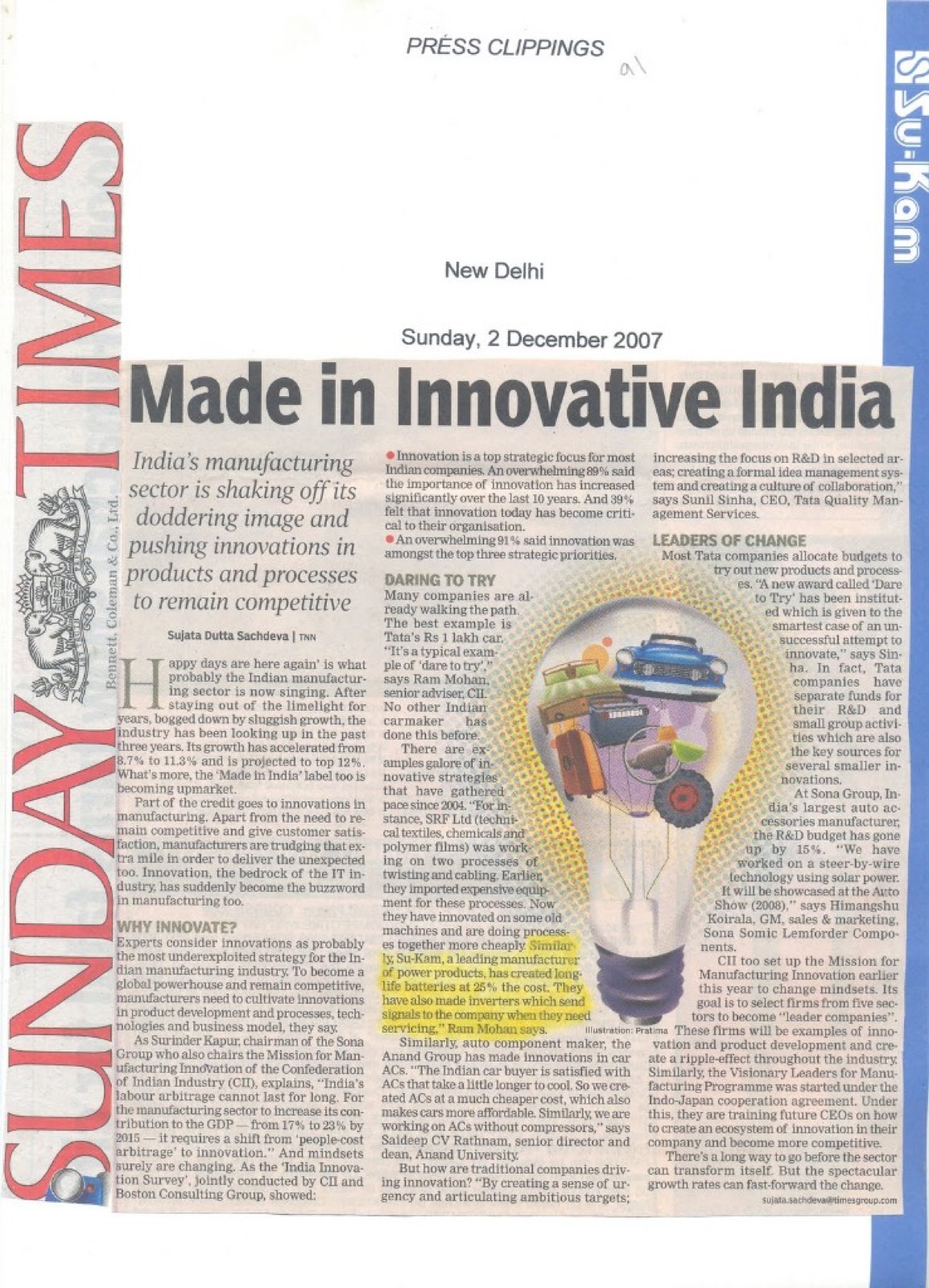 Sunday Times TOI 2 December 2007 — Made in Innovative India Su-Kam