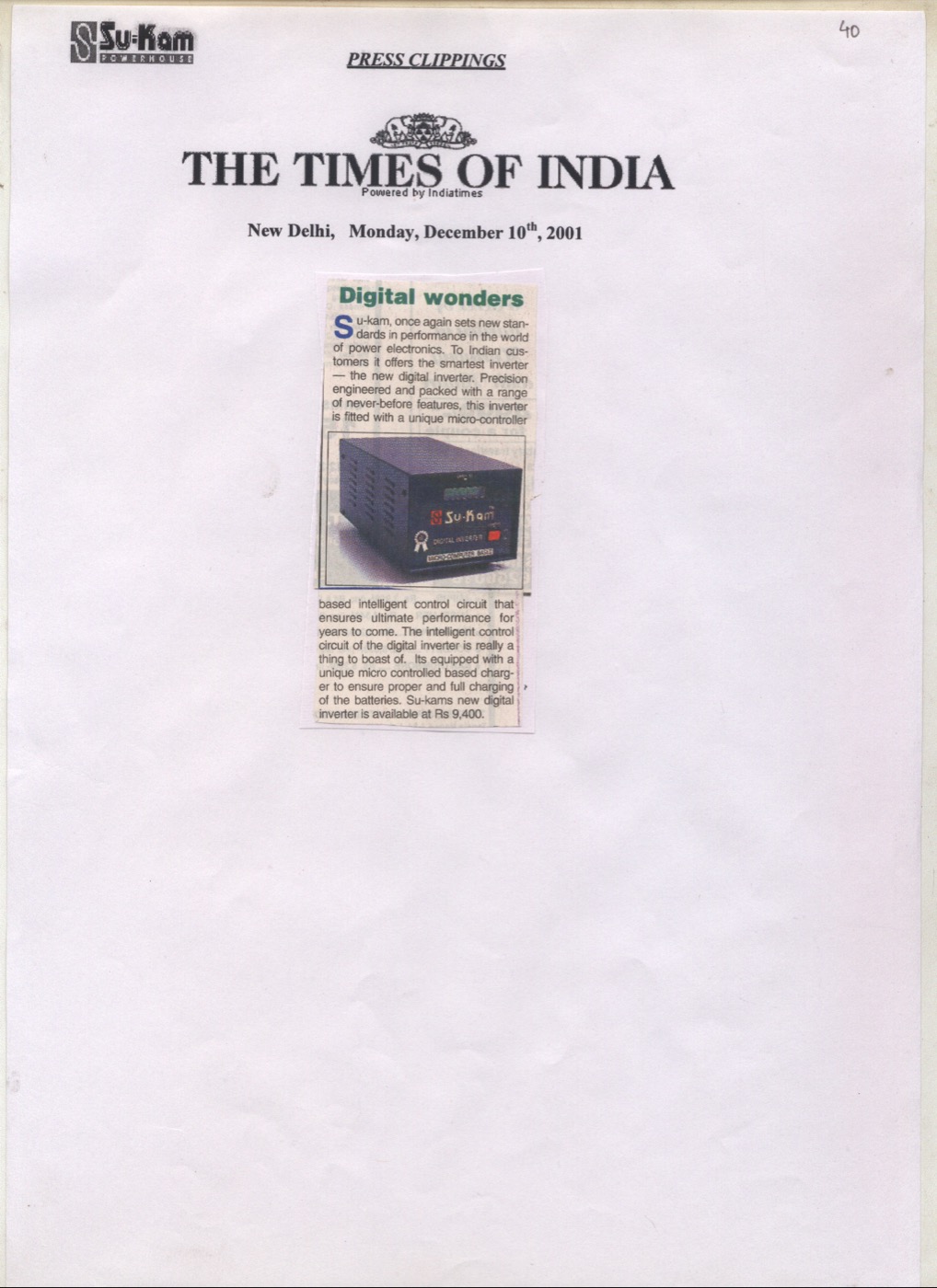 Times of India 10 December 2001 — Digital wonders Su-Kam digital inverter