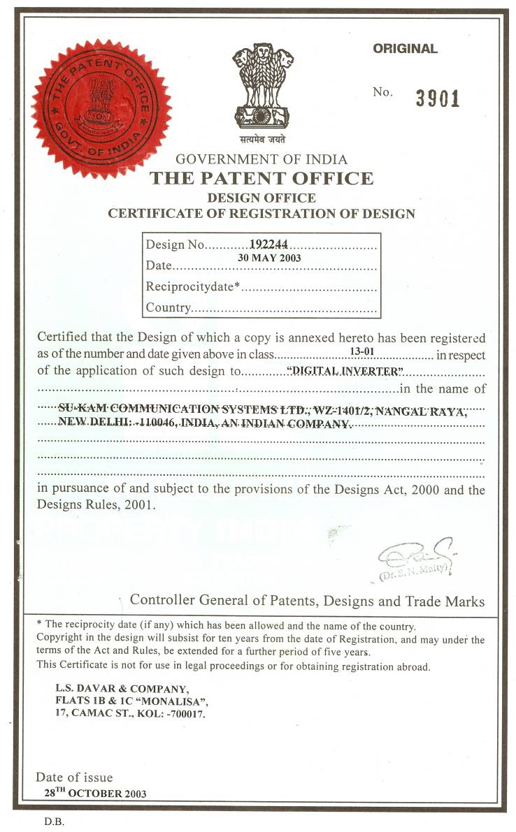 Certificate of Registration of Design — Digital Inverter — Su-Kam Communication Systems Ltd — Design No. 192244 — 30 May 2003