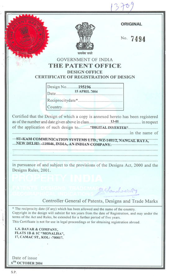 Certificate of Registration of Design — Digital Inverter — Su-Kam — Design No. 195196 — 15 April 2004