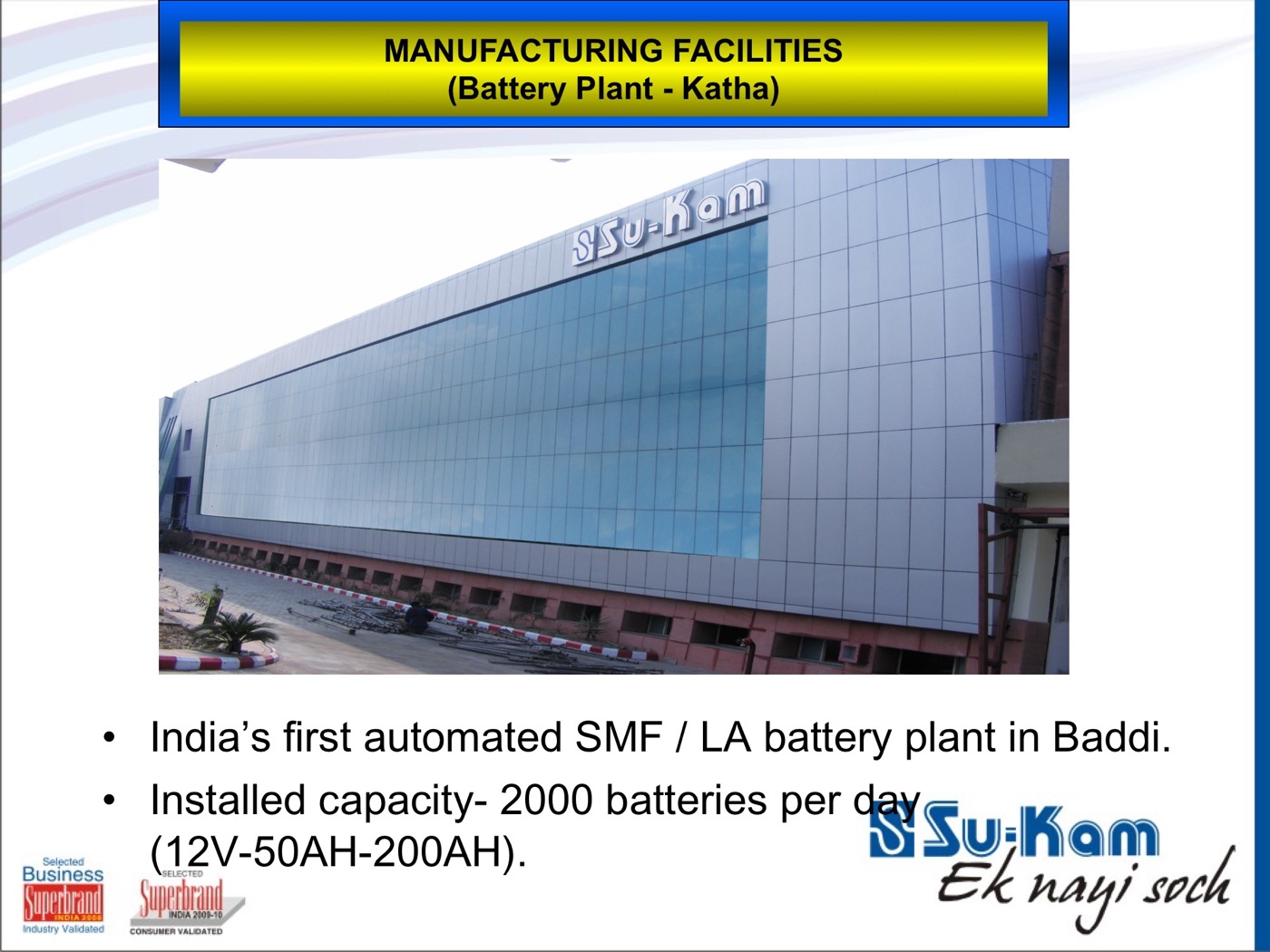 MDS 2011 slide — manufacturing facilities battery plant Katha, India’s first automated SMF/LA plant, 2000 batteries per day