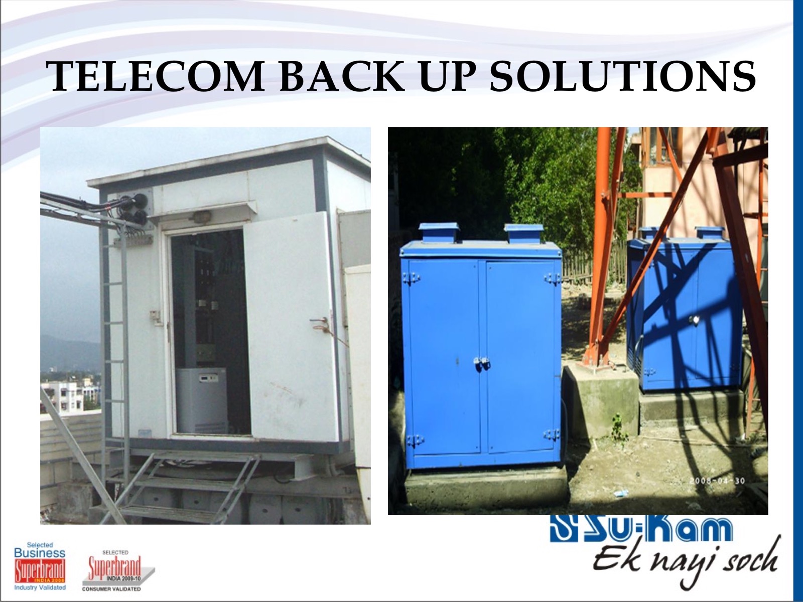 Su-Kam MDS presentation Marriott Chandigarh 24 Sep 2011 — TELECOM BACK UP SOLUTIONS slide with shelter UPS and outdoor cabinets at tower base