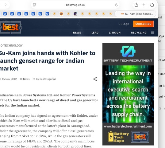 Best Magazine UK article: Su-Kam joins hands with Kohler to launch genset range for Indian market — 15 November 2012